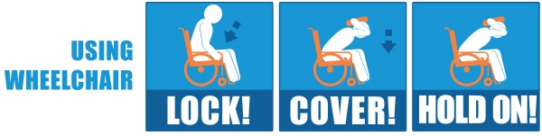 Image: Earthquake safety tips for people in a wheelchair: Lock (wheels), Cover, and Hold On 