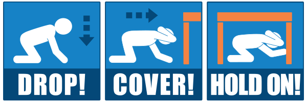 Image: Basic earthquake survival steps are drop, cover, and hold on