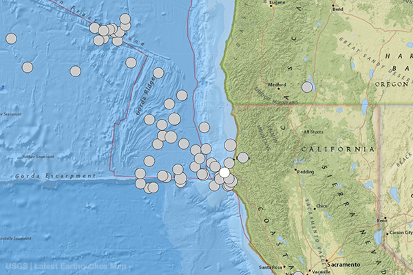 Image: Each circle represents an earthquake in the past century at or above magnitude 6.0 within or near the region of the Mendocino Triple Junction.