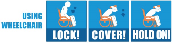 Image: Earthquake safety tips for people in a wheelchair: Lock (wheels), Cover, and Hold On 