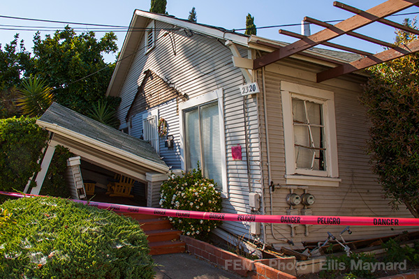Image: Home damaged in the 2014 Napa earthquake with porch and front of house collapsed