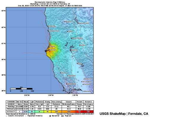 Image: This Shakemap from the December 2022 Ferndale quake shows the severity of shaking in the Humboldt region.