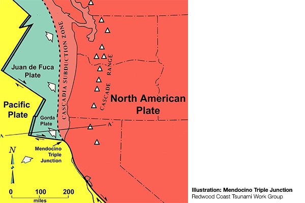 Image: An illustration of the tectonic plates and fault lines that make the Mendocino Triple Junction a hotspot for earthquakes.
