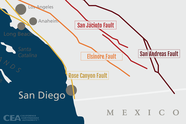 Image:  A fault line map of major faults running through San Diego and Southern California