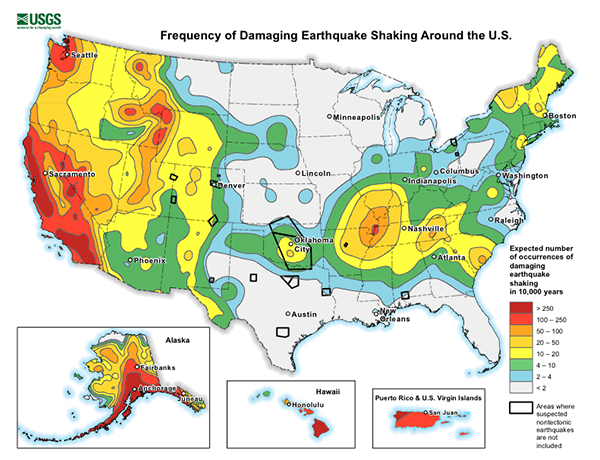 Image: This U.S. map shows how often scientists expect damaging earthquake shaking to occur (USGS, Public Domain).