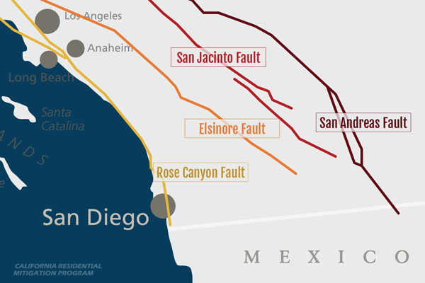 Image: San Diego fault line map showing various faults running through and near San Diego including the Rose  Canyon fault.