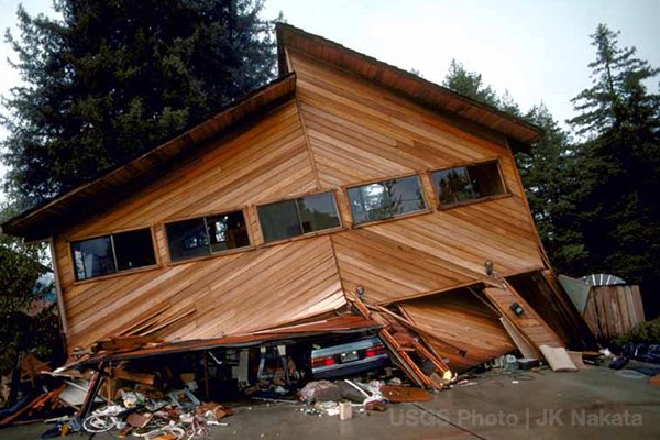 Image: This house, with a living space over garage, was destroyed during the strong shaking of the 1989 Loma Prieta earthquake. Photo Credit: USGS