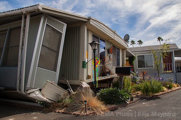 Image: This mobilehome was shaken off its support system in the 2014 South Napa earthquake. Photo credit: FEMA